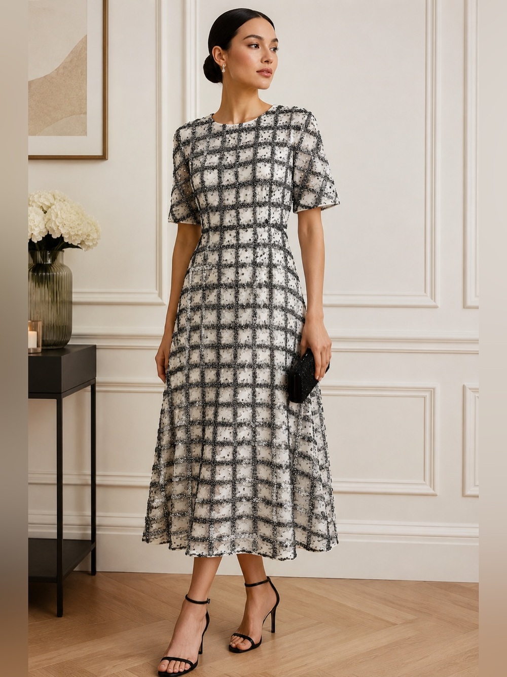 Huishan Zhang Black White Sequin Midi Dress $1,985 Retail Size 8